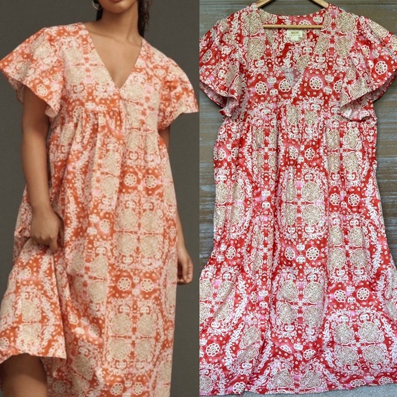 Anthropologie Dresses & Skirts - Anthropologie Maeve Printed Flutter Sleeve Midi Dress Hawaiian Boho Womens L